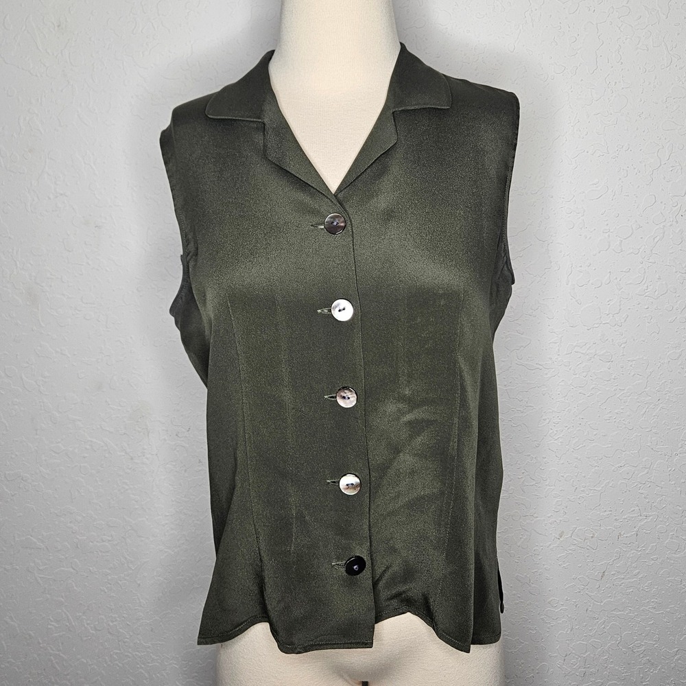 Harold's Vintage 100% Silk Sleeveless Button Down Blouse Olive‎ Green Size 10
